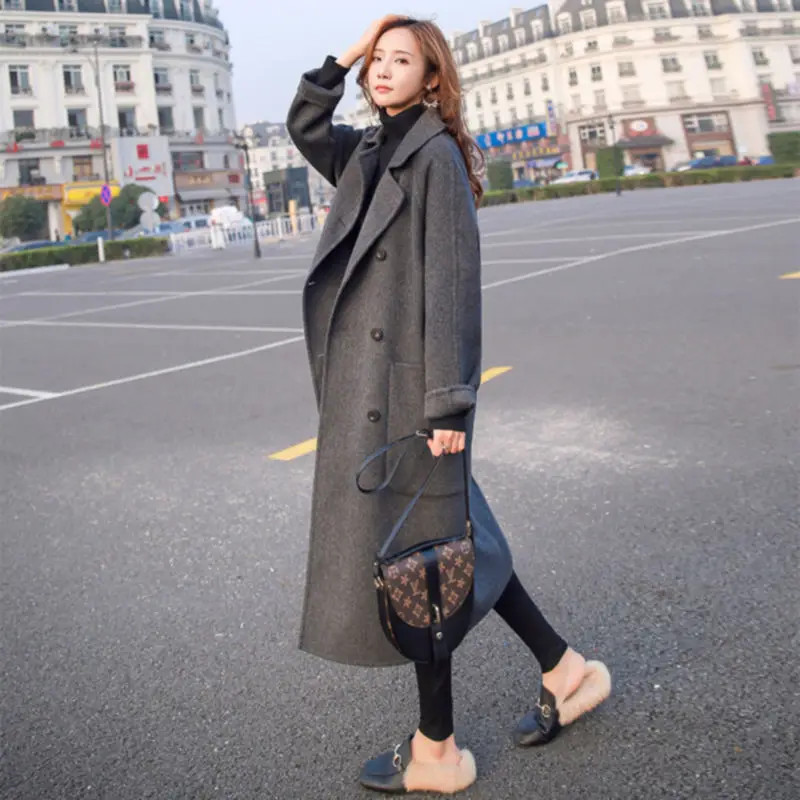 

2021 Women Coat Outerwear Autumn Winter Fashion Warm Solid Woolen Blends Female Elegant Single Breasted Long Woolen Coat L967