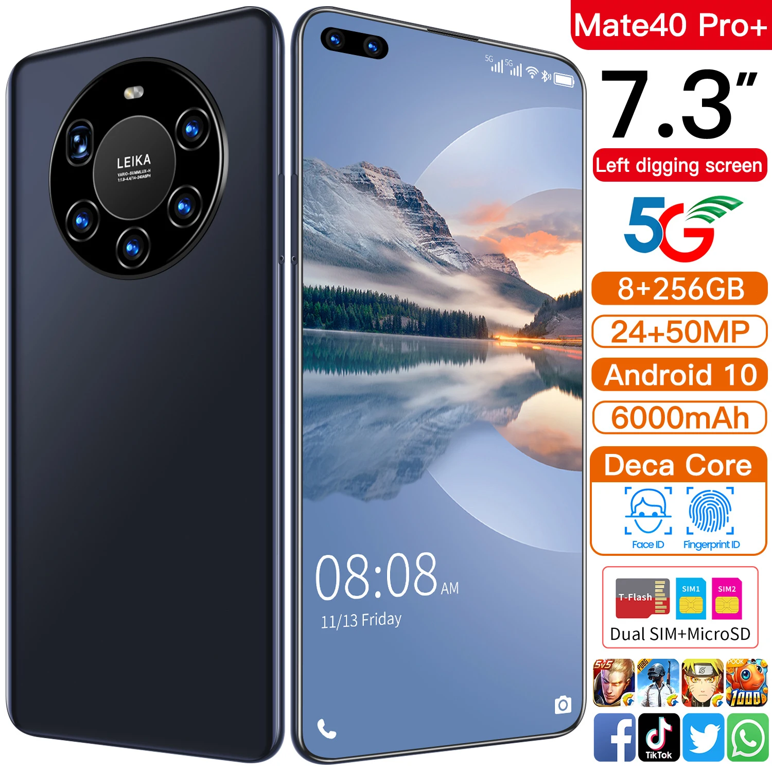 

Global Version Ultra Thin Mate40 Pro 24+50MP 6000mAh Full Screen 7.3 Inch Andriod 10 Deca Core 8 256GB 4 Network Smartphones