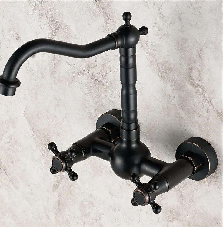 

Black Oil Rubbed Brass 2 Hole Cross Handle Wall Mounted Kitchen Bathroom Basin Faucet Sink Mixer Taps Swivel Spout 360' dtf008