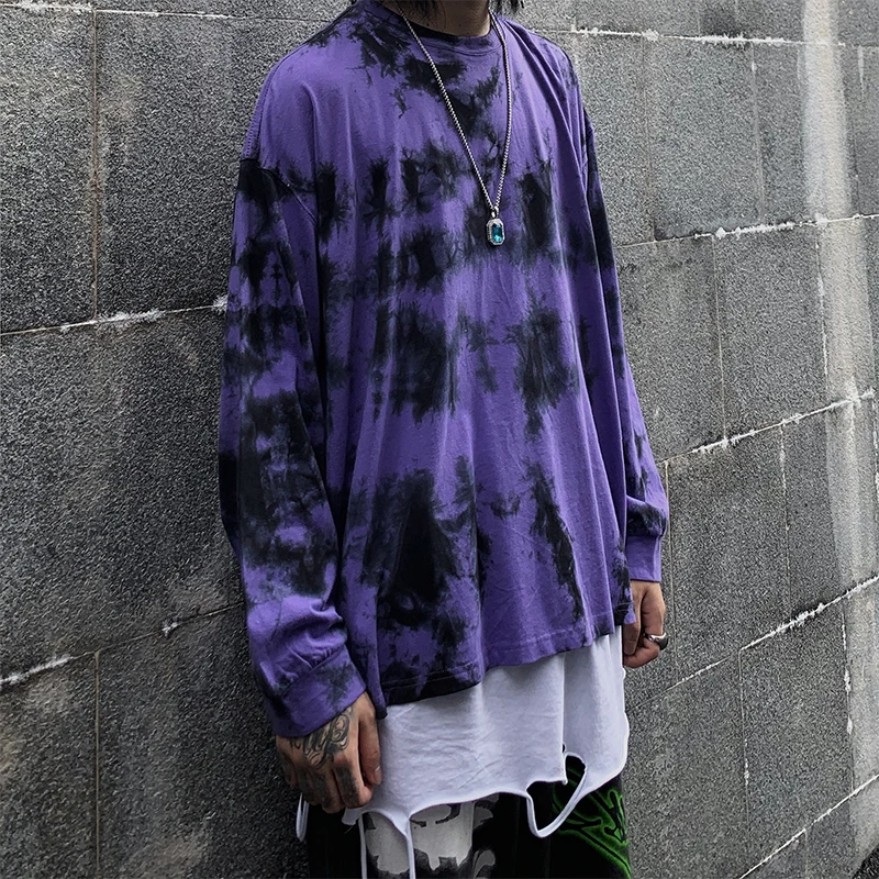 

2019 Europe and America high street punk Harajuku style hip hop leisure loose tie dyed gradient cotton long-sleeved Tshirt TX001