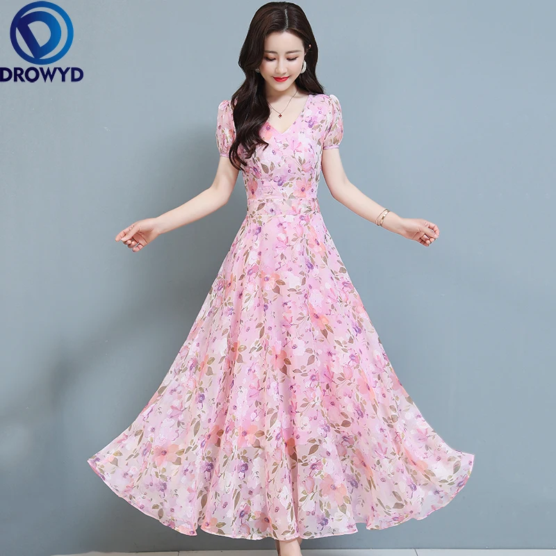 

Boho Beach Maxi Dresses for Women 2021 Fashion Chiffon Short Sleeve Holiday Beach Vintage Floral Long Dress Pink Elegant Vestido