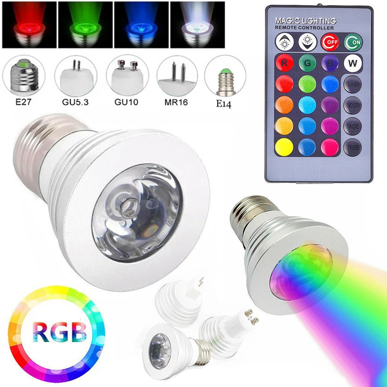 

Оптовая продажа, 10 шт., 3 Вт RGB светодиодная точечная лампа E14Dimmable светильник, 16 цветов, высокотехнологичный фонарь с ИК-пультом дистанционног...