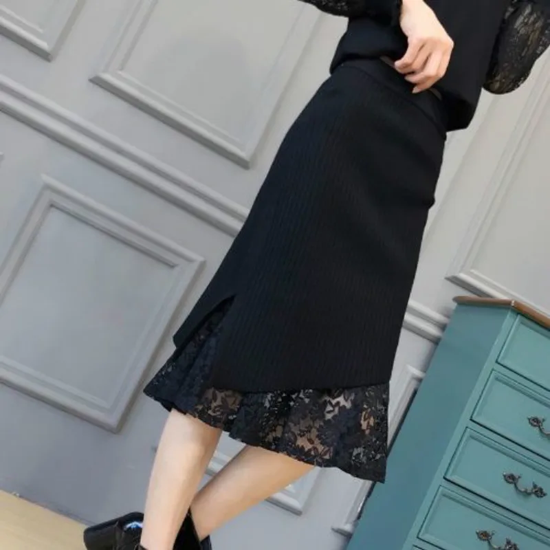 

Autumn Winter Long Knit Women Skirt Lace High Waist A Line Skirt Rib Thick Warm Midi Party Skirts Female Y347