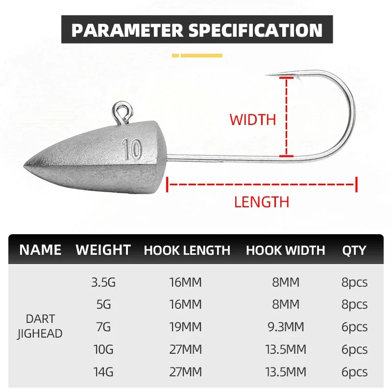 

Dart Jighead Fishhooks 3.5g 5g 7g 10g 14g Worm Fishing Lure Hook Soft Lure Lead Jig Head Artificial Bait Fishing Tackle