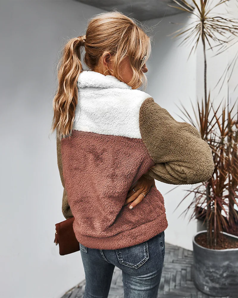 

Women Contrast Patchwork Plush Hoodies Tops New Autumn Winter Lapel Long Sleeve Pullovers Loose Casual Thick Warm Hoodies Female