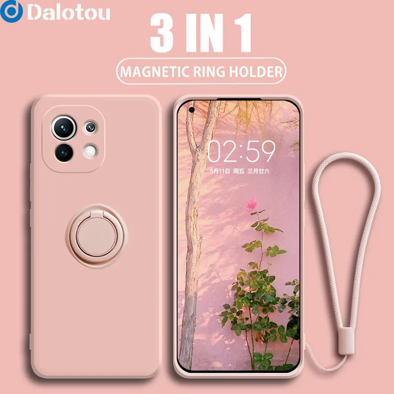 For Xiaomi Redmi Note 10 9 Pro 10S 9S 8 8T 9T Mi 11 10T Lite Poco X3 NFC M3 F3 Liquid Silicone Magnetic Ring Holder Case Cover