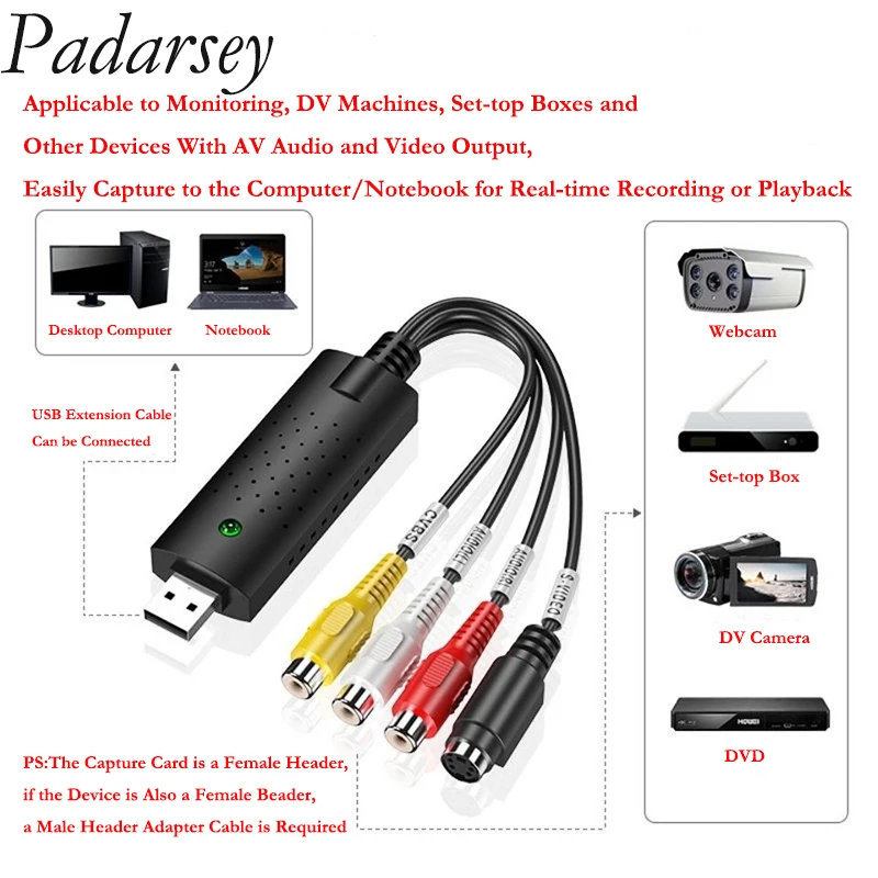 Padarsey новая видеокарта USB 2 0 видеопреобразователь аудио Захват карта VHS Box VCR TV к