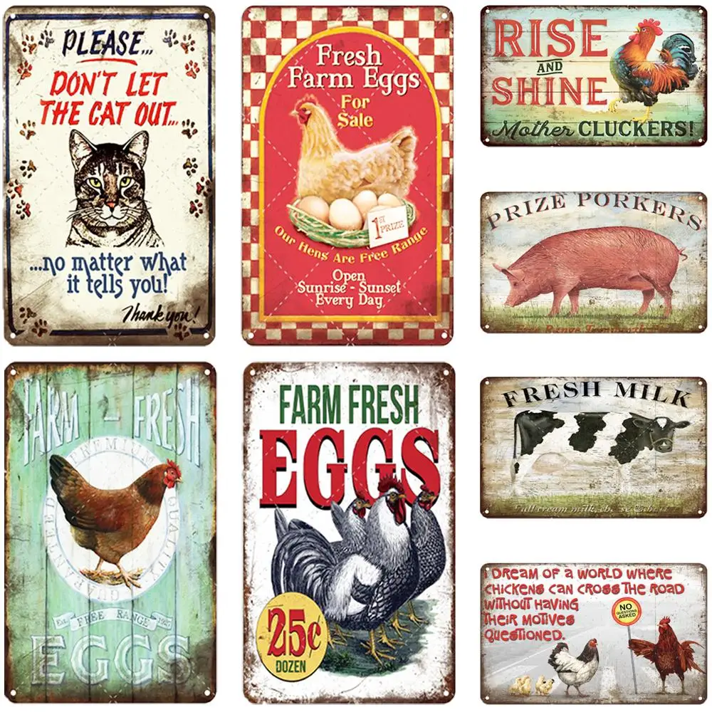 

Huhn Kuh Katze Hund Hahn Tier Zinn Zeichen Metall Zeichen Vintage Bauernhaus Coop Hause Wand-dekor Retro Metall Poster Eisen mal