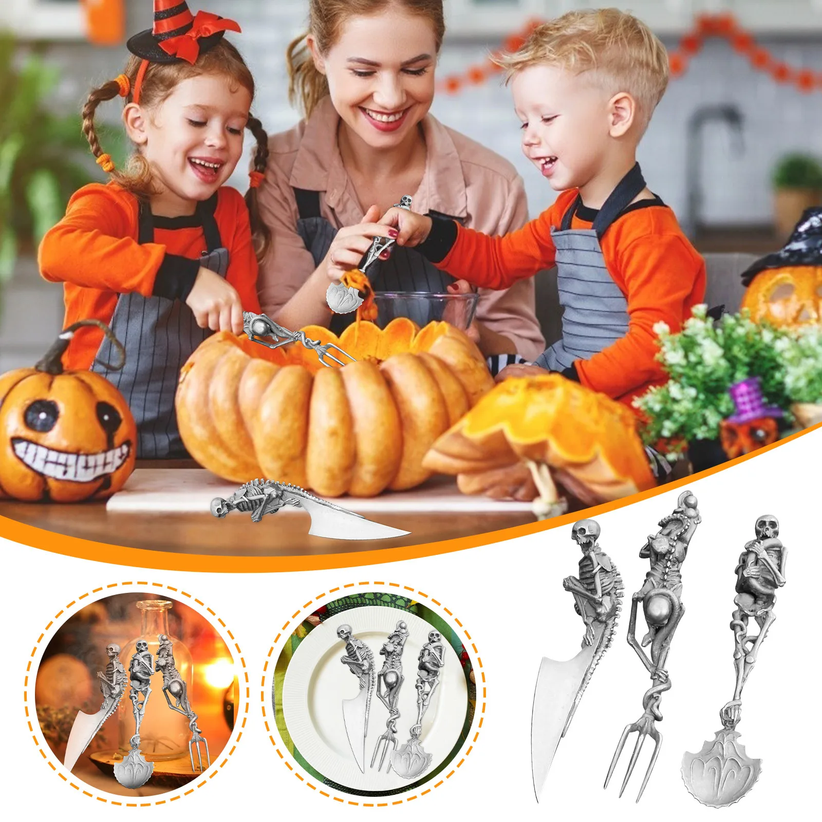 

3pcs Halloween Gift Skull Fork/Spoon/Knife Tableware Cutlery Spoon Fork Sets Dining Forks Bento Accessories Kitchen Goods Garfo