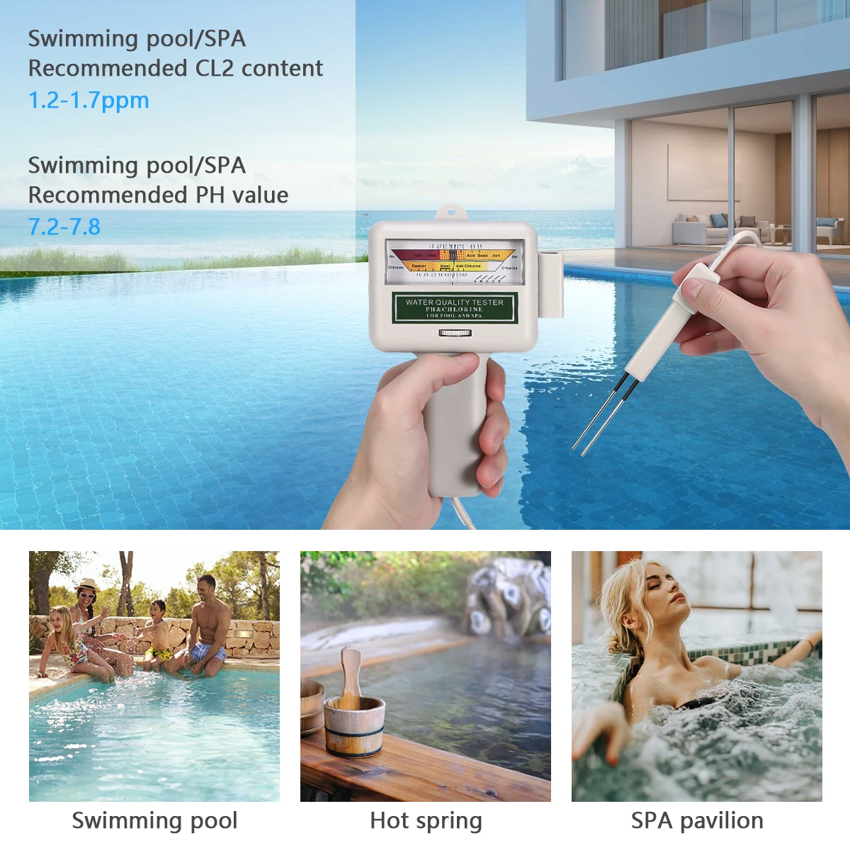 

PC101 PH Tester Chlorine Level Meter Water Quality Tester Monitor for Swimming Pool Family Outdoor Swimming Accessories Pool