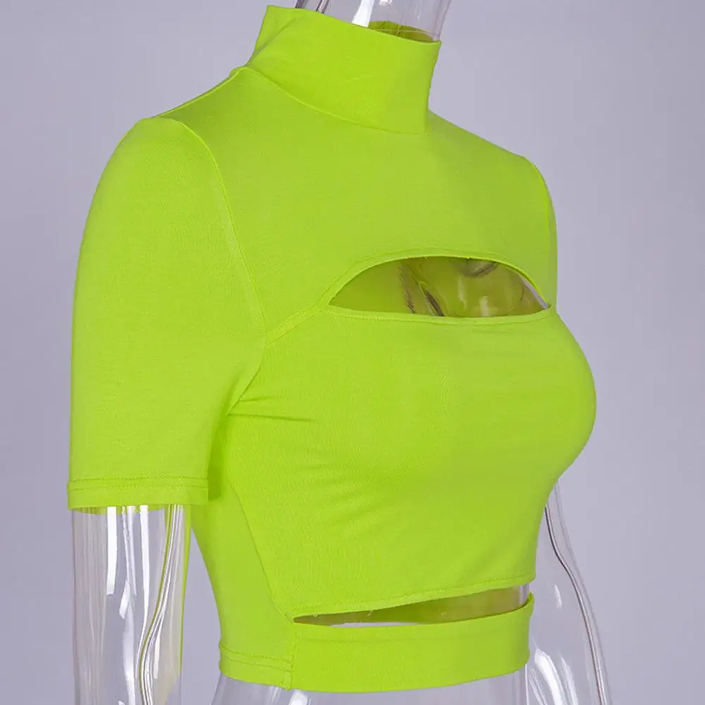 Модная Летняя женская футболка неоновая желтая черная открытая с высокой