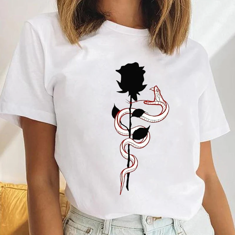 

Футболка женская со змеиным принтом, забавный Простой Топ с коротким рукавом, Повседневная рубашка в стиле Харадзюку, с мультяшными цветами