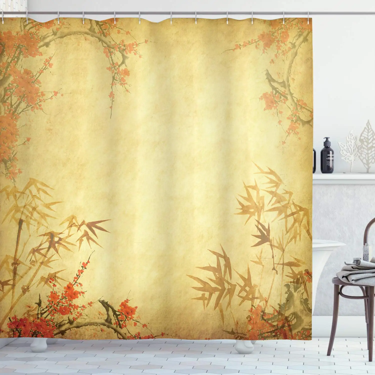 Бамбуковая занавеска для душа бамбуковые стебли и Цветущий цветок Античный