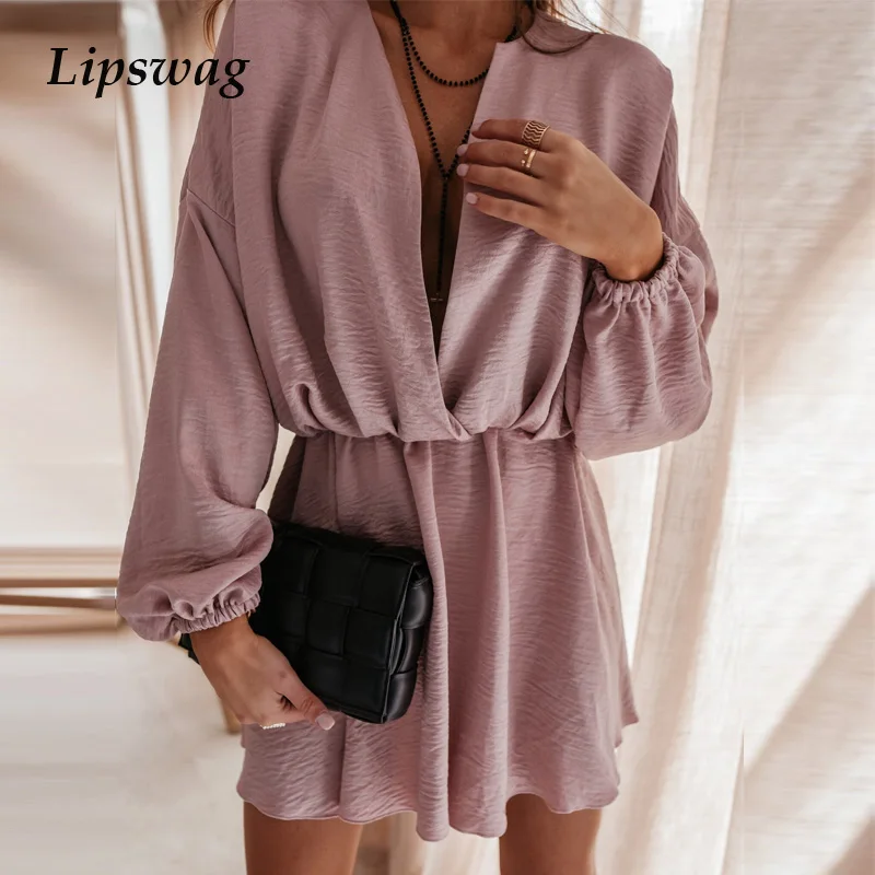 

Женское мини-платье с длинным рукавом, однотонное вечерние нее платье с глубоким V-образным вырезом, весна-лето, 2021