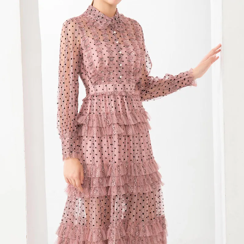 

2021 Fall Runway New Bohemian Print Flowers Sexy Lace Ruffles Long Sleeves Slim Temperament Mid-Length Dress High Quality