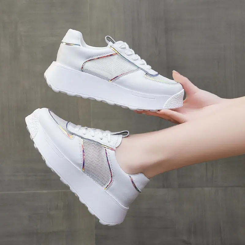 

Women Platform Chunky Sneakers 5cm High Lace-up Casual Vulcanize Shoes Luxury Designer Mesh Dad Female Fashion Sneaker New 2021