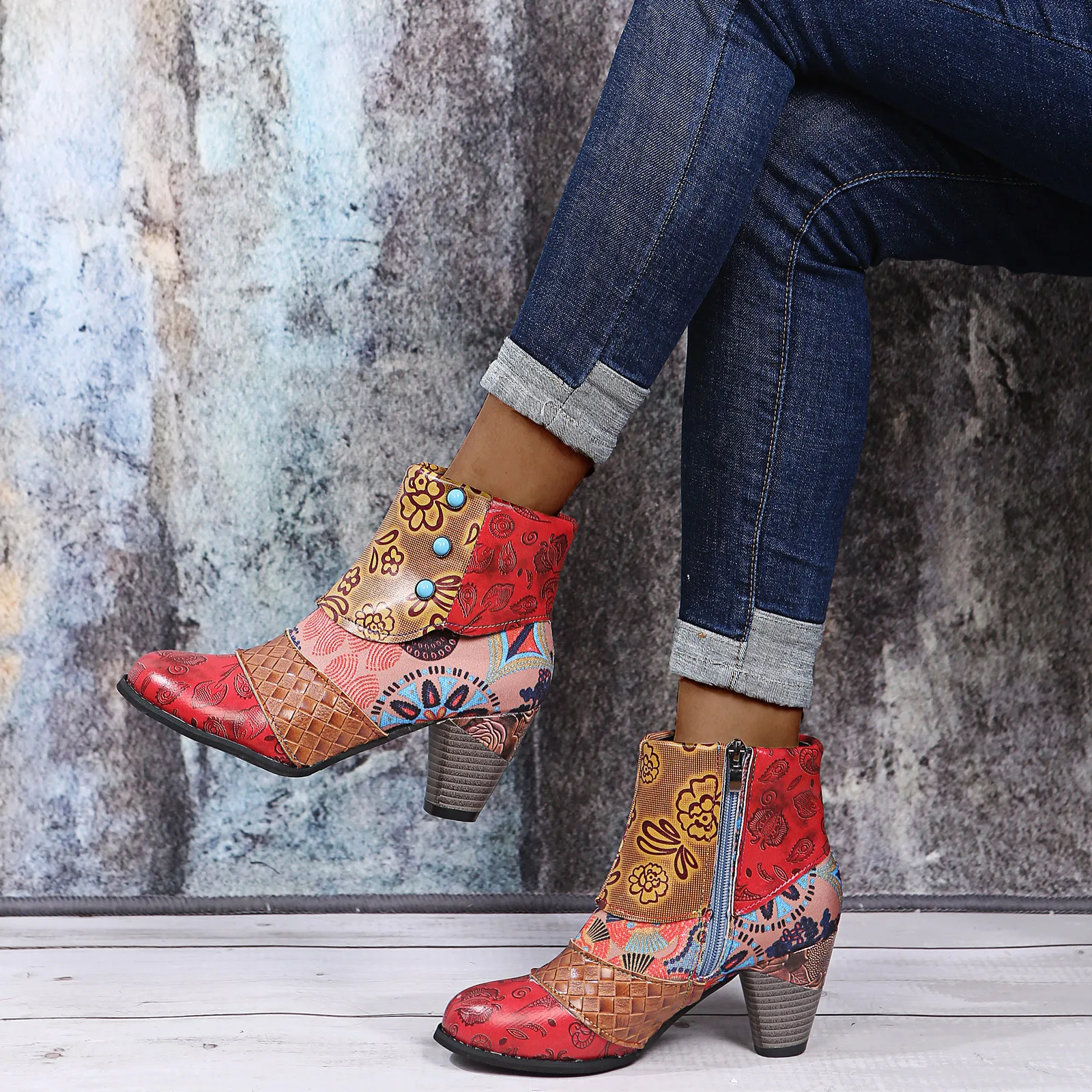 Женские винтажные ботильоны короткие ботинки из искусственной кожи с принтом в