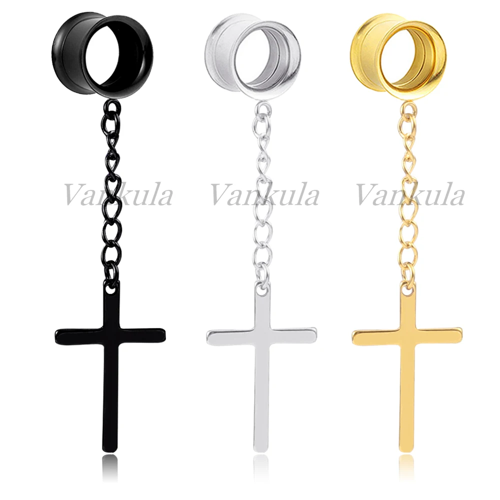 

Vankula 2PCS Dangle Ear Plugs Tunnel 316L Stainless Steel Hanger gauges Expanders Metal Fashion Drop Earrings Cross Shape Gift
