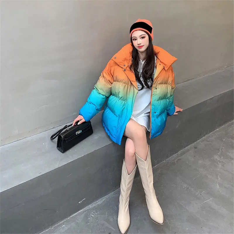

2020 Autumn And Winter New Thick Cotton Jacket Gradient Blue Orange Down Jacket Cotton Jacket Female Korean Version Loose Studen