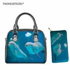 Брендовый дизайн, большая кожаная женская сумочка и кошелек, комплект, сумка-мессенджер, 3D симпатичный Дельфин, Синий клатч, кошельки, женские тоуты