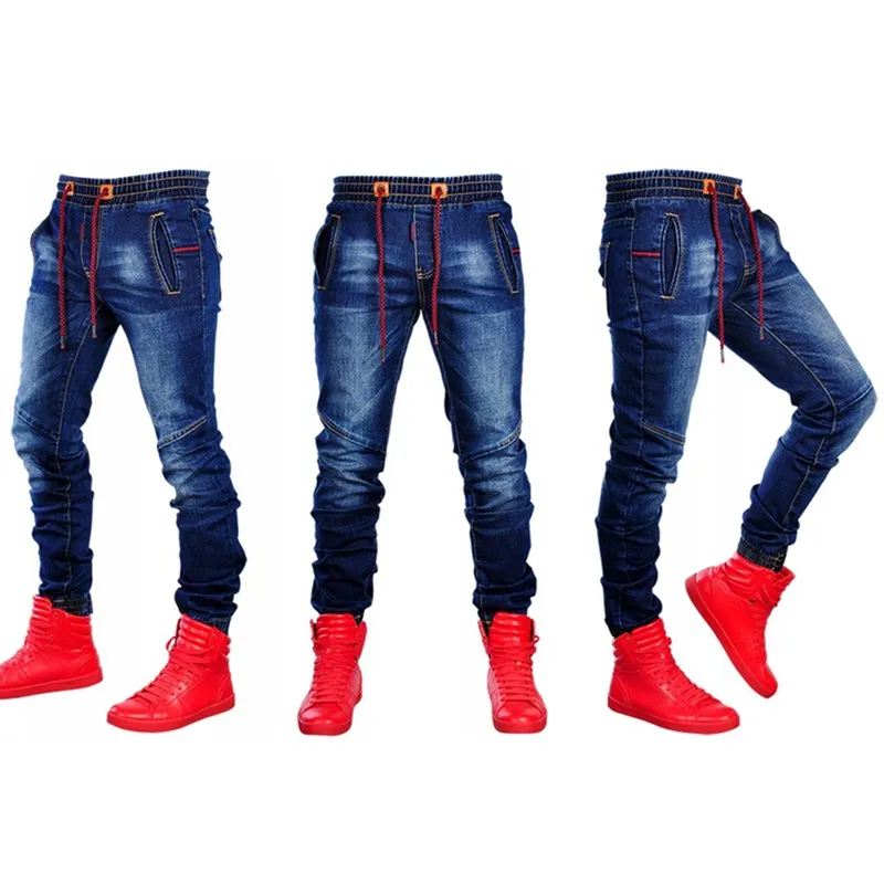

2021 Men's Solid Drape Pure Color Jogging Jeans Drawstring Elastic Belt Jeans Slim Stretch Jeans Men Pencil Pants Clothing