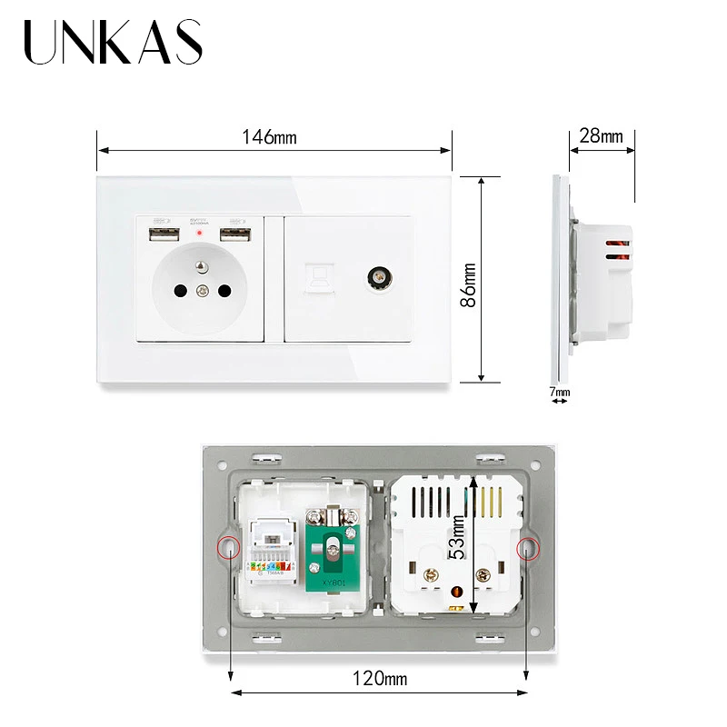 Французская стандартная розетка UNKAS со стеклянной панелью и двойным USB портом +