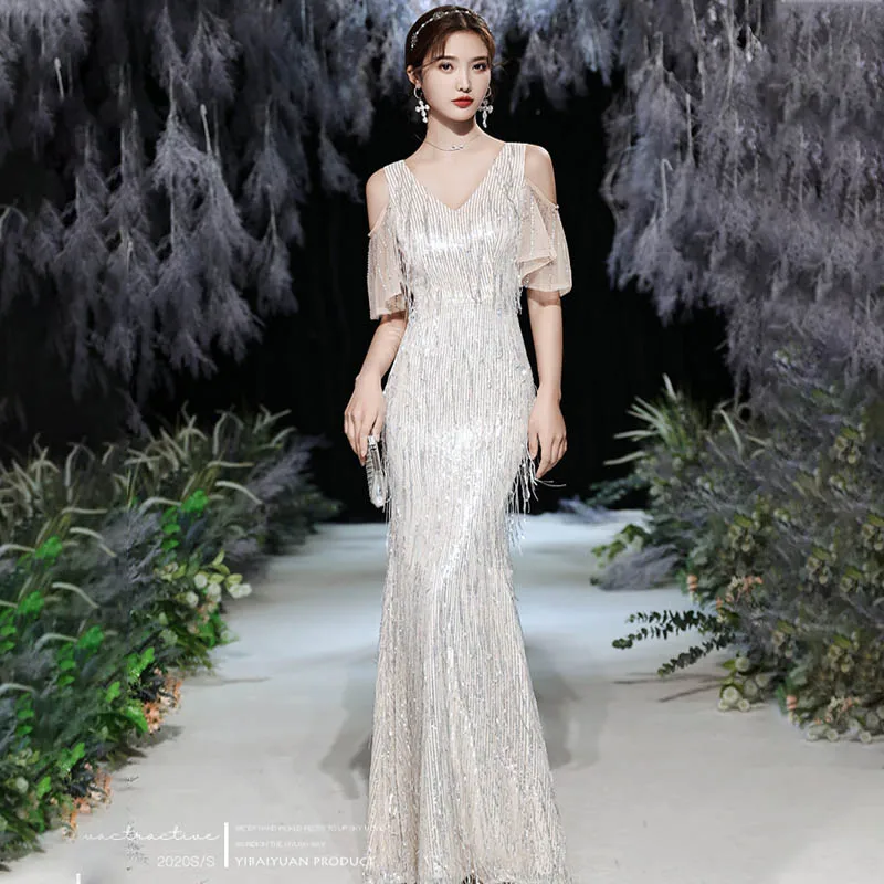 

Evening Dress V-Neck Elegant Sequins Beads Lace Short Sleeves Mermaid Floor-Length Simple Plus size Women Formal Party Gown C541