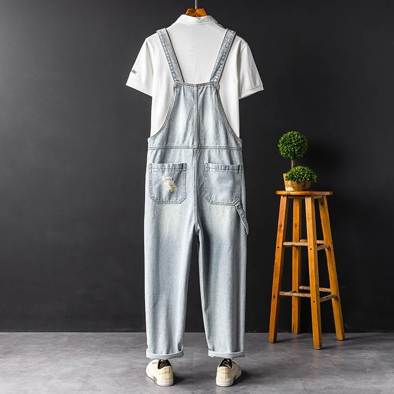 

Summer New Brand Fashion Hole Ripped Mens Denim Jumpsuits Casual Pockets Patchs Loose Sleeveless Suspender Male Cargo Overalls