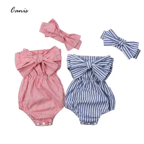 

2019 Newborn Kids Baby Girls Off Shoulder Striped Bodysuit With Big Bow Summer Babygrow Jumpsuit Outfits Wholesale