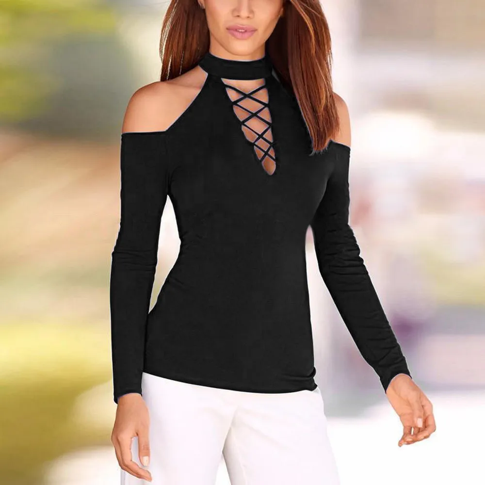 Женская блузка без бретелек с длинным рукавом одноцветная Свободная пуловер