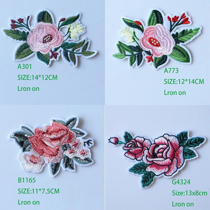 

Pink Rose Peony Camellia Embroidered Iron on Patches for Clothing DIY Stripes Clothes Patchwork Sticker Custom Flowers Badges