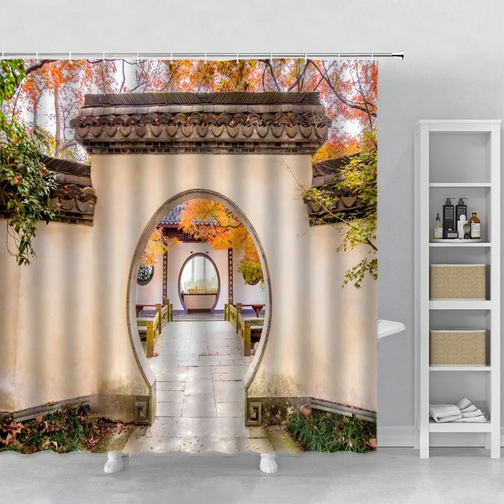 

Chinese Moon Gate Shower Curtains Landscape Garden Printed Bathroom Curtain Polyester Cloth Bath Curtain For Bathroom Decor Ch