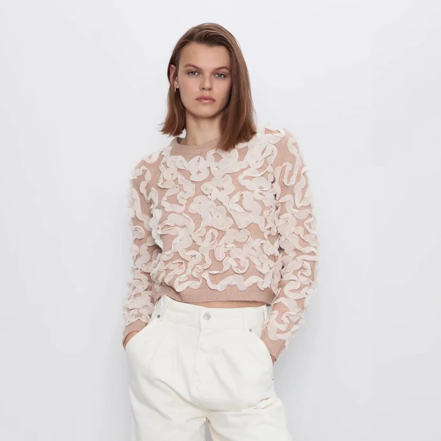 Женский вязаный свитер с круглым вырезом ZA Короткий Повседневный пуловер