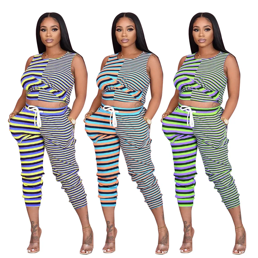 

Женский спортивный костюм в полоску, повседневный укороченный топ без рукавов с круглым вырезом и брюки-карандаш со шнуровкой и высокой тал...