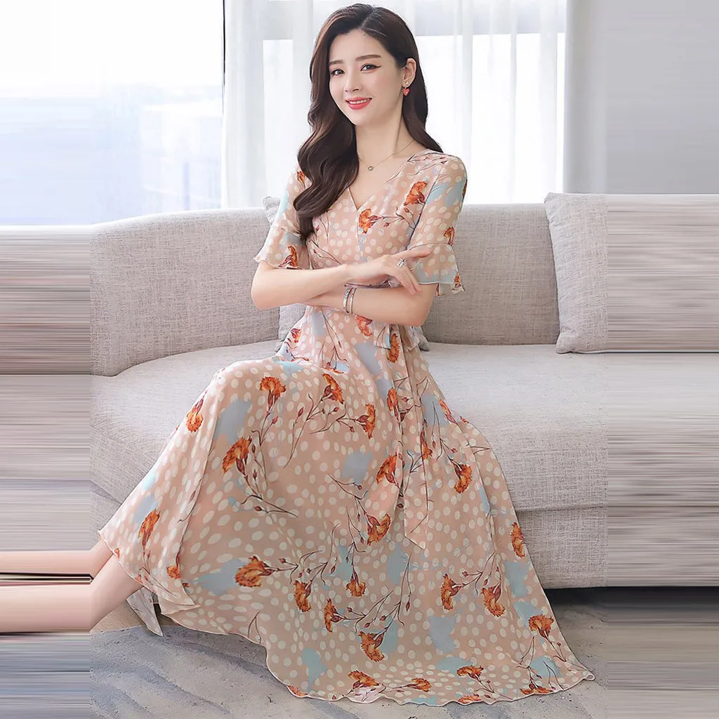 Summer Women Dress Ladies V-Neck Short Sleeve Mid-Calf Dresses Floral Print Slim A-Line Casual Loose Clothes vestidos | Женская одежда
