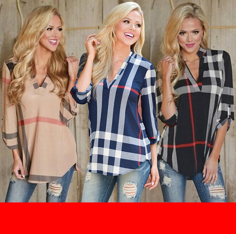 

PADEGAO Autumn Clothing Striped Shirt for Women Three Quarter Sleeve Blue T Shirt Casual Tops and Tees V-Neck Shirts