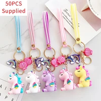 50pcs cute rainbow shell pony unicorn key chain pvc animal keychains gift for women girls bag pendant figure charms key ring