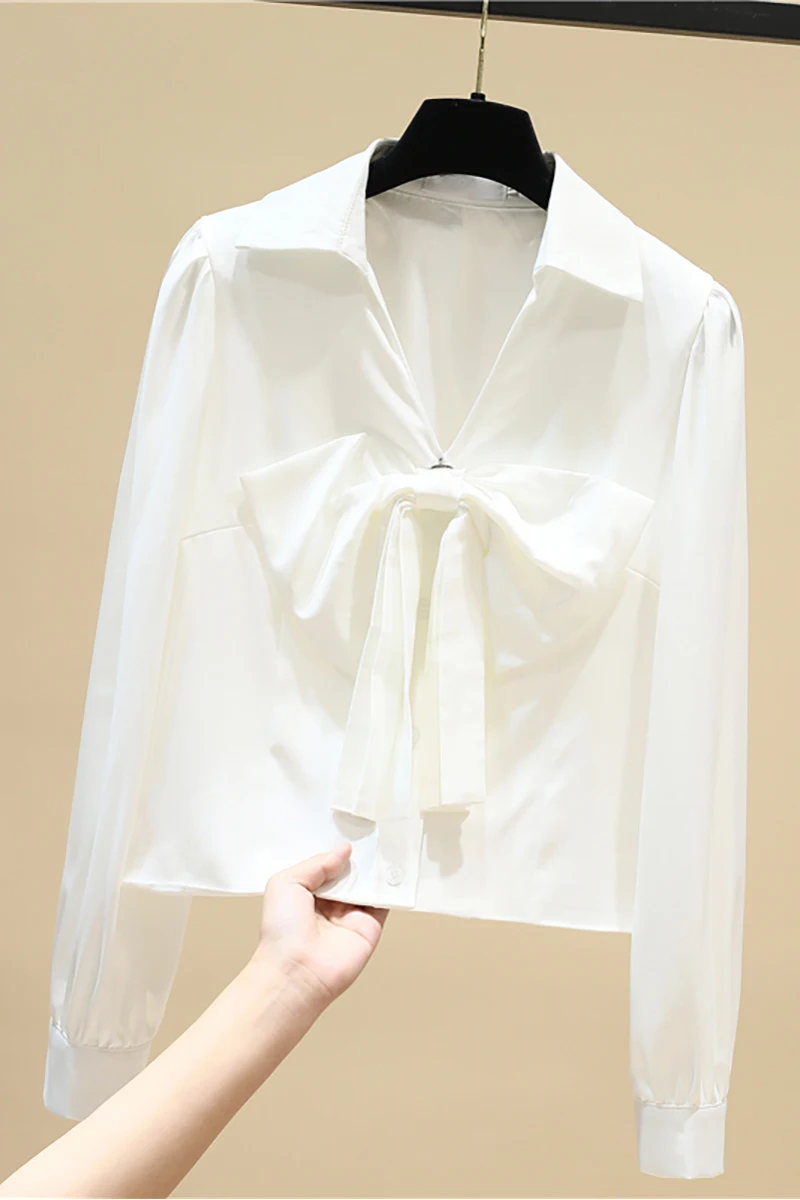 

SuperAen White Bow Full Shirts Women's 2021 Spring New Loose Turn-down Collar Office Lady Tops