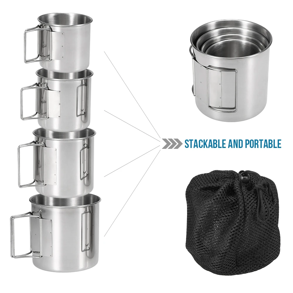 

Pack of 4 Camping Cups Set Stackable Drinking Outdoor Water Cups Mugs with Foldable Handles for Home Outdoor Camping Backpacking