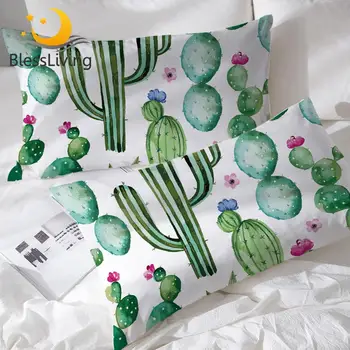 BlessLiving Cactus Bed Pillowcase Watercolor Pillow Case Green Plant Floral Pillow Cover Tropical Pillow Protector 50x75cm 2pcs 1