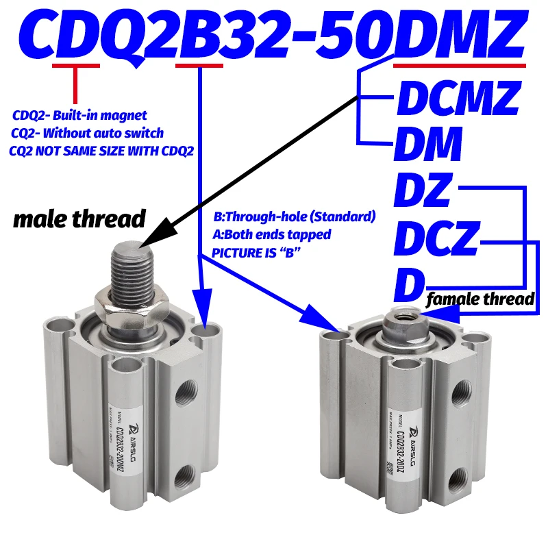 CDQ2B32-20DZ Compact Cylinder Double Acting Single Rod CQ2B32-75DZ With auto switch stroke 5-100mm CQ2A32-30DCZ CDQ2A32-50DZ-M9B |