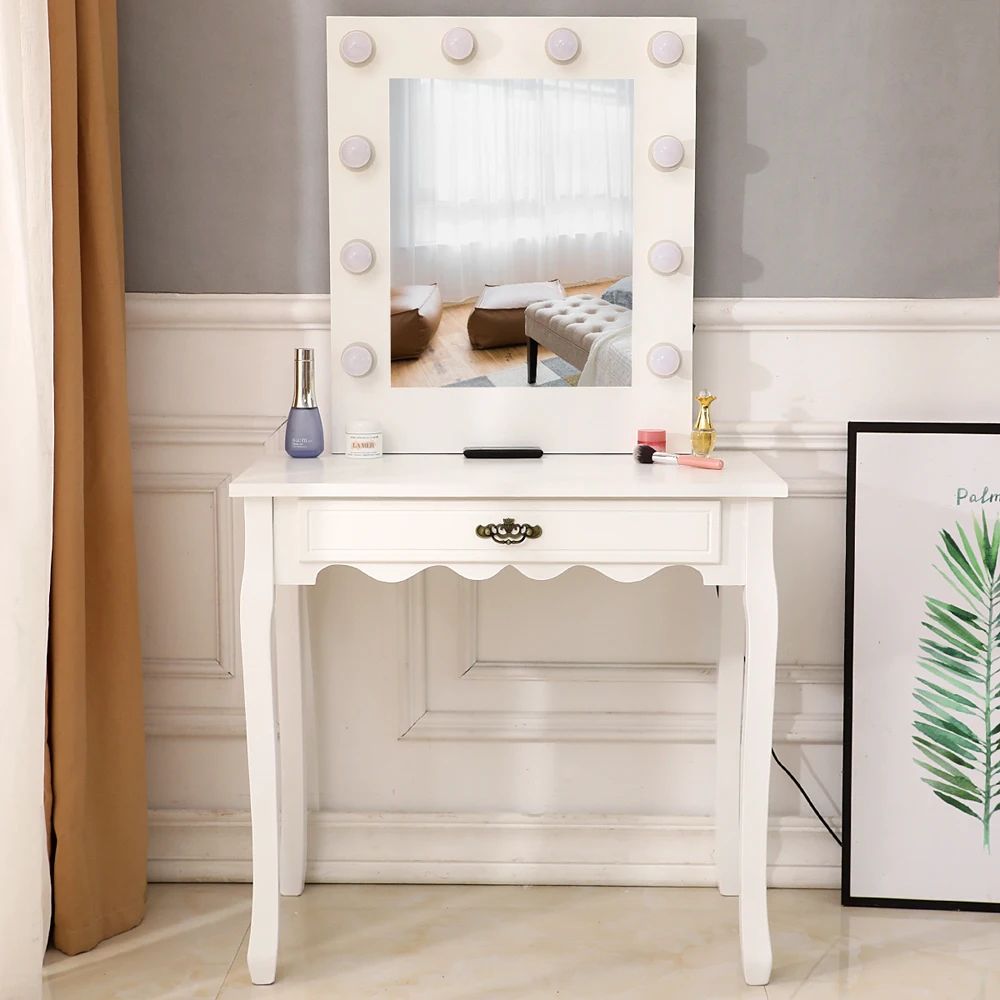 

Dressing Table Generous Mirror Single Pumping Foot With Bulb Cold Light Dresser 80x45x70-145CM White[US-Stock]