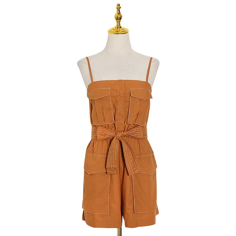 

European summer new square collar condole belt front large pocket decorative belt high waist shorts casual jumpsuit women