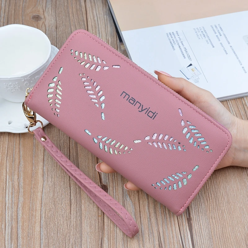 dark pink SHUJIN, Модный женский кошелек с полыми листьями, женские кошельки, длинный секционный клатч, кошелек, мягкий из искусственной кожи, держатель для удостоверения личности, сумка для денег - Цвет: dark pink
