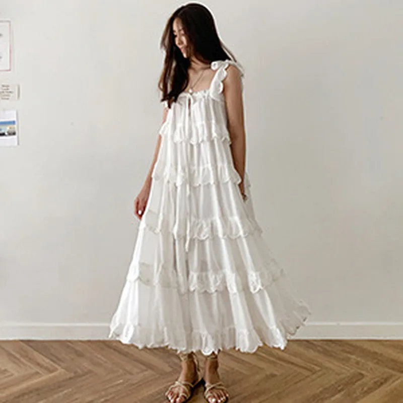 

White Maxi Dress Women Holiday Vacation Beach Dress 2021 Boho Chic Sexy Ruffles Cake Layers Loose White Long Sundress