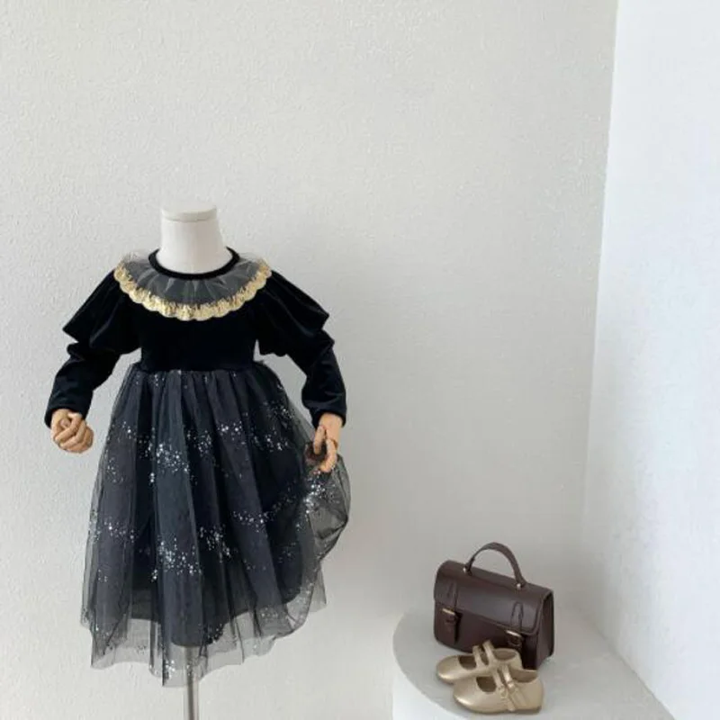 

Cultiseed Baby Girls Gold Velvet Sequined Birthday Party Princess Dress Clothes Children Kids Vintage Cute Ball Gown Mesh Gownes