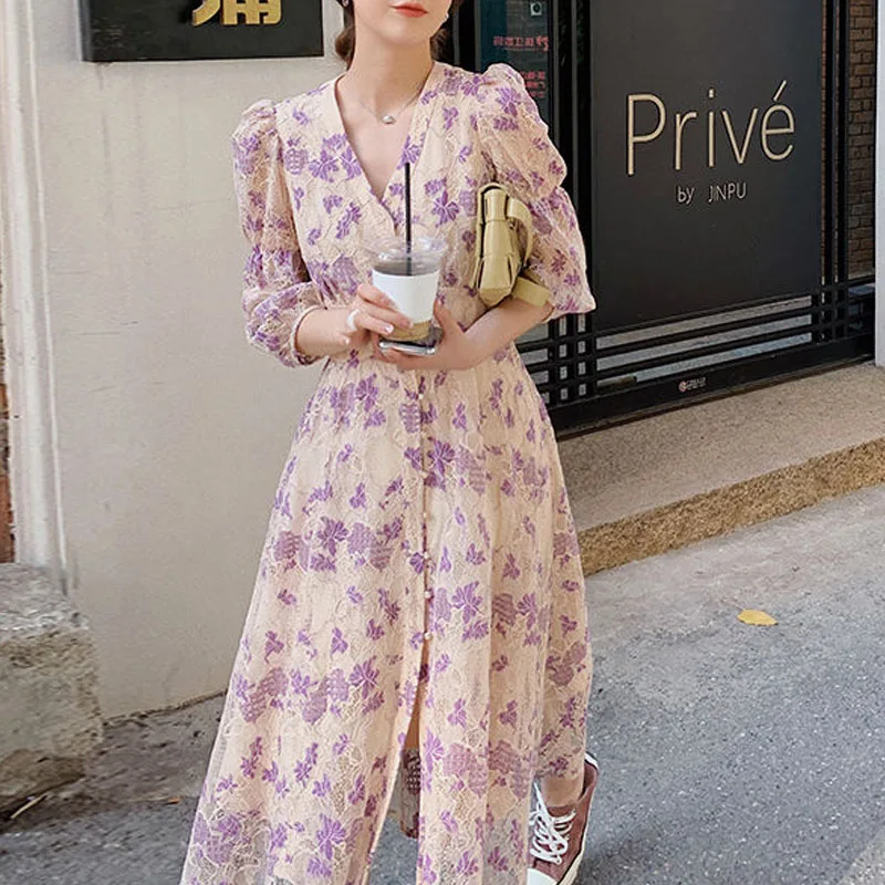 Women Casual Beach Party Midi Dresses 2021 Summer Short Sleeve One Piece Dress Female Korean V-Neck Button Vintage Floral Dress