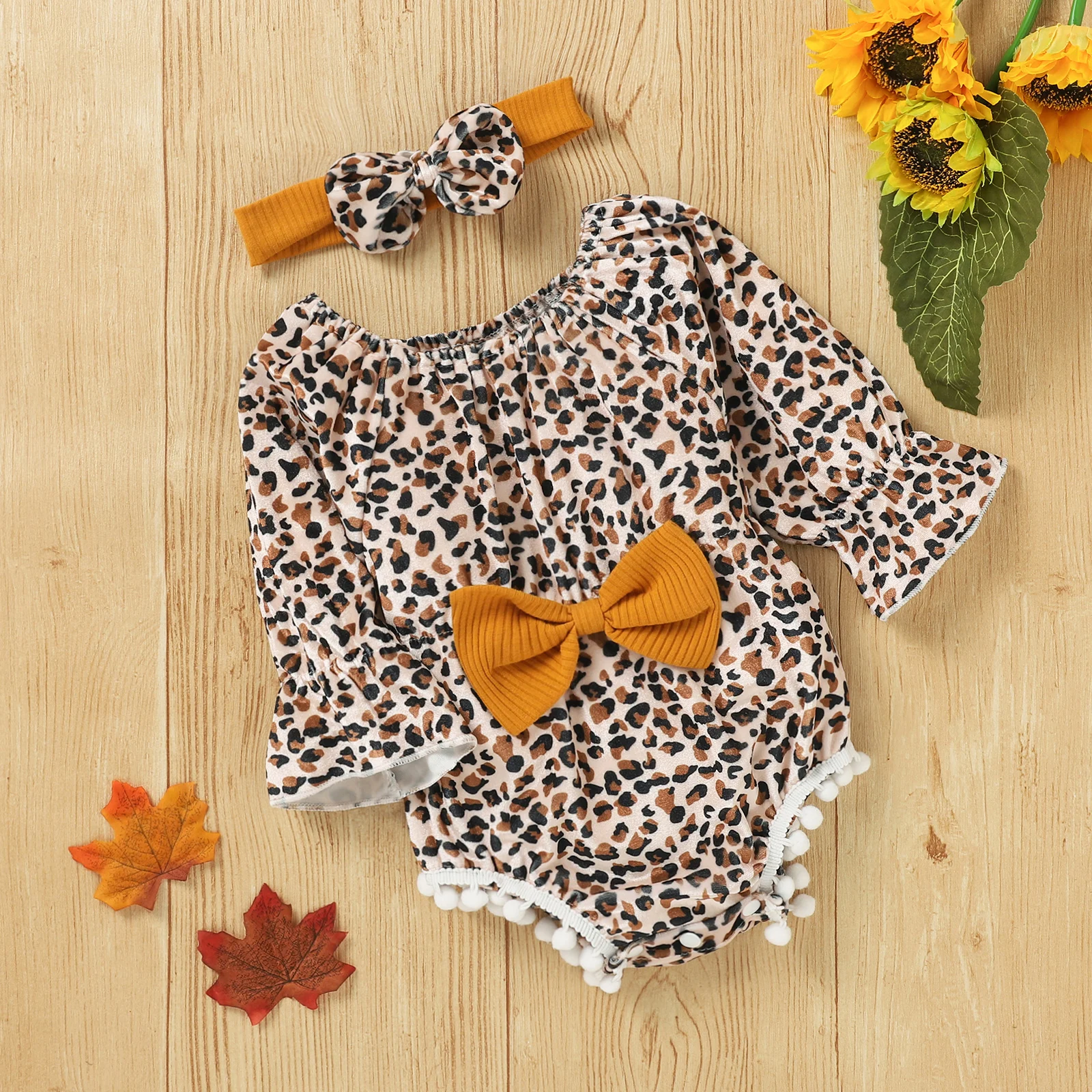 

2Pcs Baby Clothing Toddler Leopard Printed trumpet sleeves Splicing Rompers Bowknot Headdress Girls Spring Autumn Bodysuits