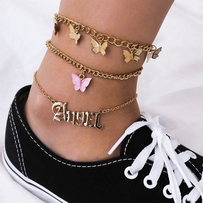 

Fashion Butterfly Anklet Set for Women Gold Color Chain Anklet Letter Foot Leg Chain Bracelet Beach Anklet Bohemian Jewelry