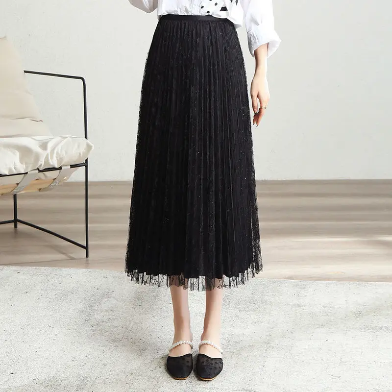 

Women 2021 Spring Summer New Fashion Long Lace Skirts Female Solid Color Pleated Skirts Ladies High Waist Loose Skirts Y278